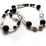Black And White Beaded Necklace, Silver Skull..