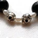 Black And White Beaded Necklace, Silver Skull..