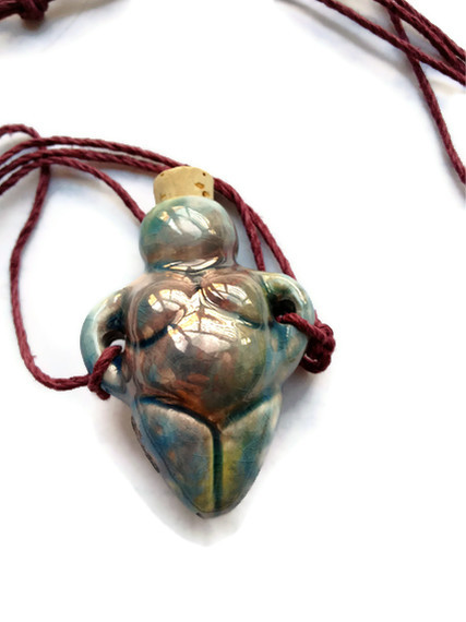 Blue And Purple Raku Clay Pendant On Purple Hemp Necklace, Fertility Goddess, Mother Earth Pendant, Clay Jewelry