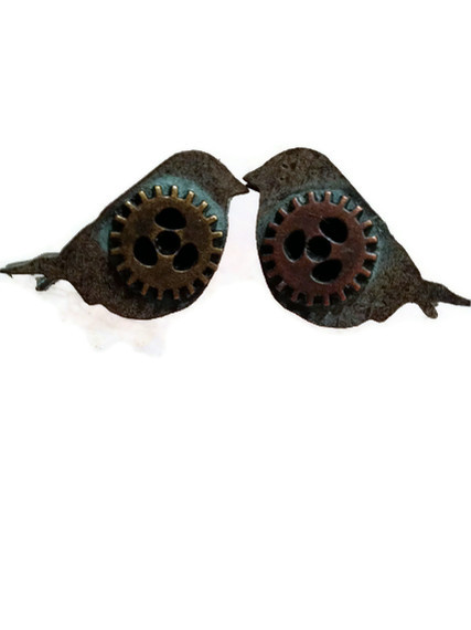 Little Bird Earrings With Gears, Steampunk Earrings With Patina Finish
